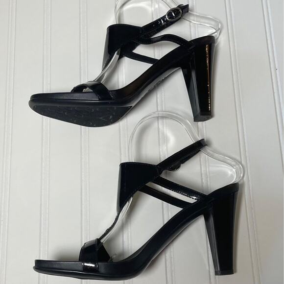 Donald J Pliner Peggy Black Patent Leather T-Strap Heeled Sandals Women’s 9M - Picture 3 of 9